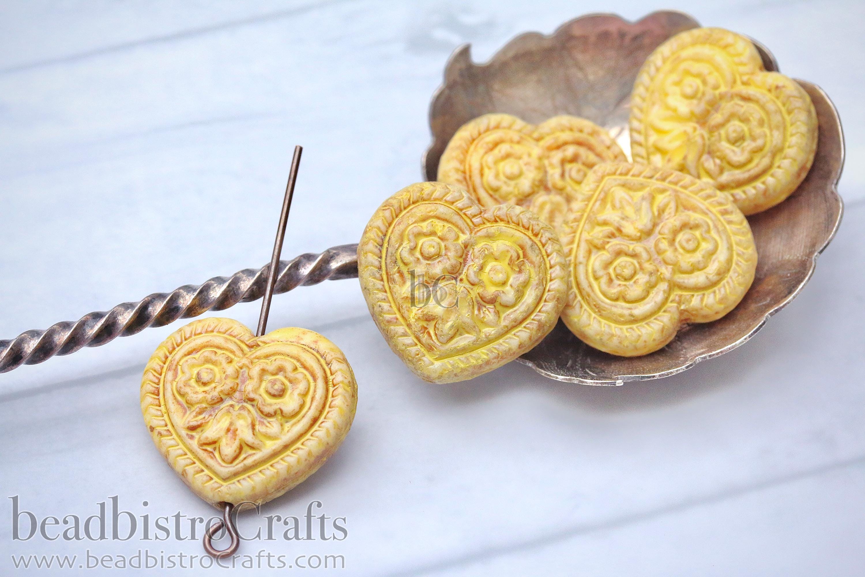 4pcs Pressed FLORAL HEART Czech Glass Beads * Alabaster Rustic