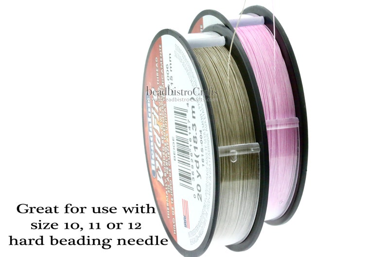 May include: Two spools of beading thread, one beige and one pink, labeled "WildFire" and "20 yd (18.3 m)".  Great for use with size 10, 11 or 12 hard beading needle.