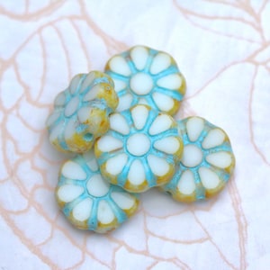 4pcs Table Cut Czech - 12mm Cosmo Flower design - Flat Coin bead - White Alabaster TRAVERTINE TURQUOISE WASH - 12x3mm beads