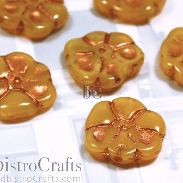 6pcs PRIMROSE * Czech Glass Pressed Beads * MILKY Yellow Peach with COPPER Wash - 15mm Flower Beads