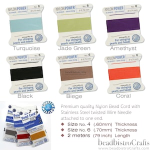 May include: Assortment of nylon bead cord spools in turquoise, jade green, amethyst, black, beige, and coral colors. Each spool is labeled "Nylon Power" and has a size and thickness measurement. The text "For stringing pearls and beads" is printed on each spool. The image also includes a close-up of a variety of nylon bead cords in different colors.