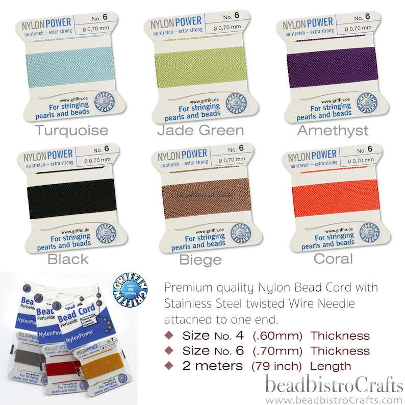May include: Assortment of nylon bead cord spools in turquoise, jade green, amethyst, black, beige, and coral colors. Each spool is labeled "Nylon Power" and has a size and thickness measurement. The text "For stringing pearls and beads" is printed on each spool. The image also includes a close-up of a variety of nylon bead cords in different colors.