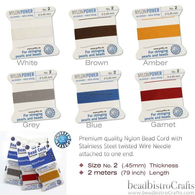May include: Assortment of 10 colors of nylon bead cord, each spool is labeled with the color name and "Nylon Power" with a size of 0.45 mm. The cord is for stringing pearls and beads. The packaging includes a stainless steel twisted wire needle attached to one end. The cord is 2 meters (79 inches) long.