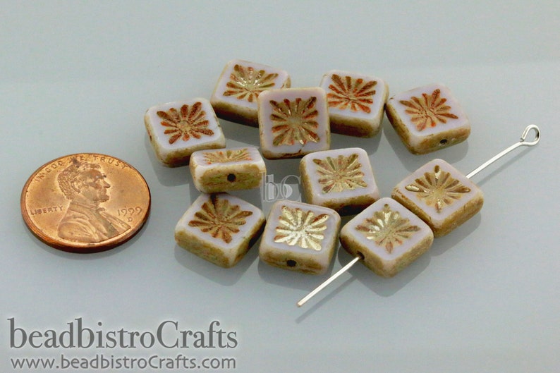 8pcs Table Cut Czech Glass beads 10mm Square Kiwi Design Flat Bead Opaque Light Violet / Mauve PATINA TRAVERTINE image 5