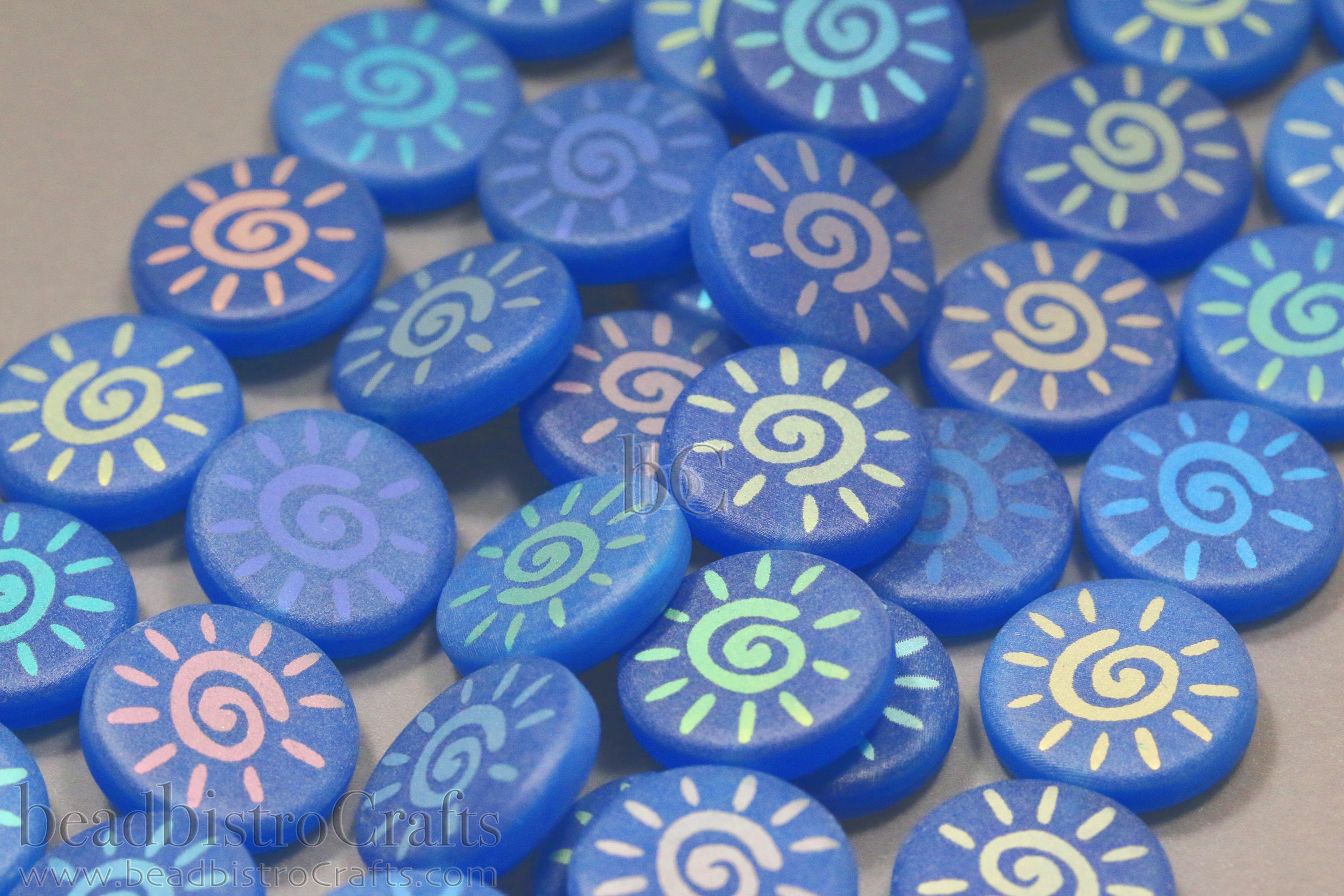 Czech Laser Tattoo beads - 8pcs Milky Matte Deep Cerulean Blue with AB ABSTRACT SUN - 14mm flat, round, coin shaped glass bead