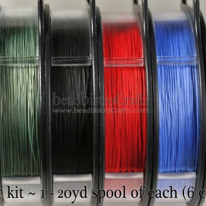 May include: A starter kit of six spools of beading wire, each spool containing 20 yards of wire. The colors are silver, green, black, red, blue, and gray.