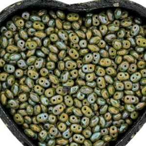 20g Czech SuperDuo 2-hole beads * NEBULA Opaque Olive - 2.5x5mm
