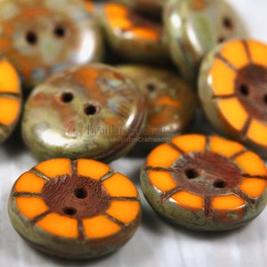 8 Table Cut Buttons - 14mm Czech glass button - wheel pattern - Opaque Orange TRAVERTINE - 5x14mm disk shaped buttons