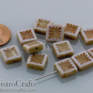 8pcs Table Cut Czech Glass beads 10mm Square Kiwi Design Flat Bead Opaque Light Violet / Mauve PATINA TRAVERTINE image 2