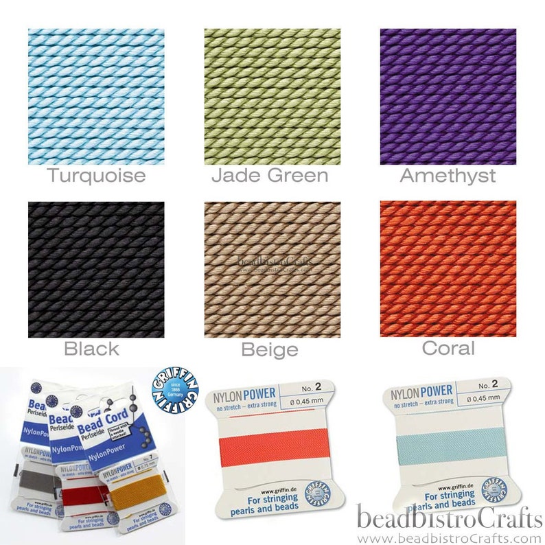 May include: Assortment of nylon bead cord in various colors, including turquoise, jade green, amethyst, black, beige, and coral. The cord is 0.45 mm thick and is labeled "Nylon Power" with the text "No stretch - extra strong".