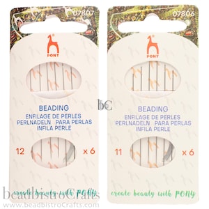 May include: Two packages of Pony beading needles. The package on the left contains 12 size 6 needles. The package on the right contains 11 size 6 needles. Both packages have the text "Beading" and "Create beauty with Pony" on them.