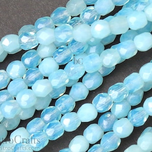 4mm Blue Opal beads - 50pcs Czech glass Firepolish bead - Milky Aqua OPAL - 4mm Facetted beads - Fire polish