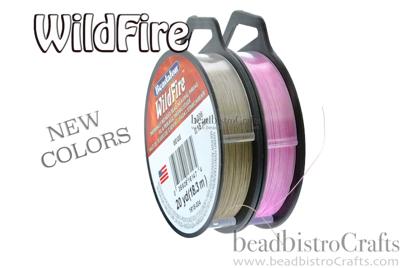 May include: A spool of Beadalon WildFire beading thread in beige and pink colors. The spool is labeled "WildFire" and "20 yd (18.3 m)".