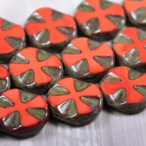 Table Cut Czech - 14mm Maltese Cross design - Flat Coin bead - Opaque Coral TRAVERTINE - 14x4mm disk shaped beads
