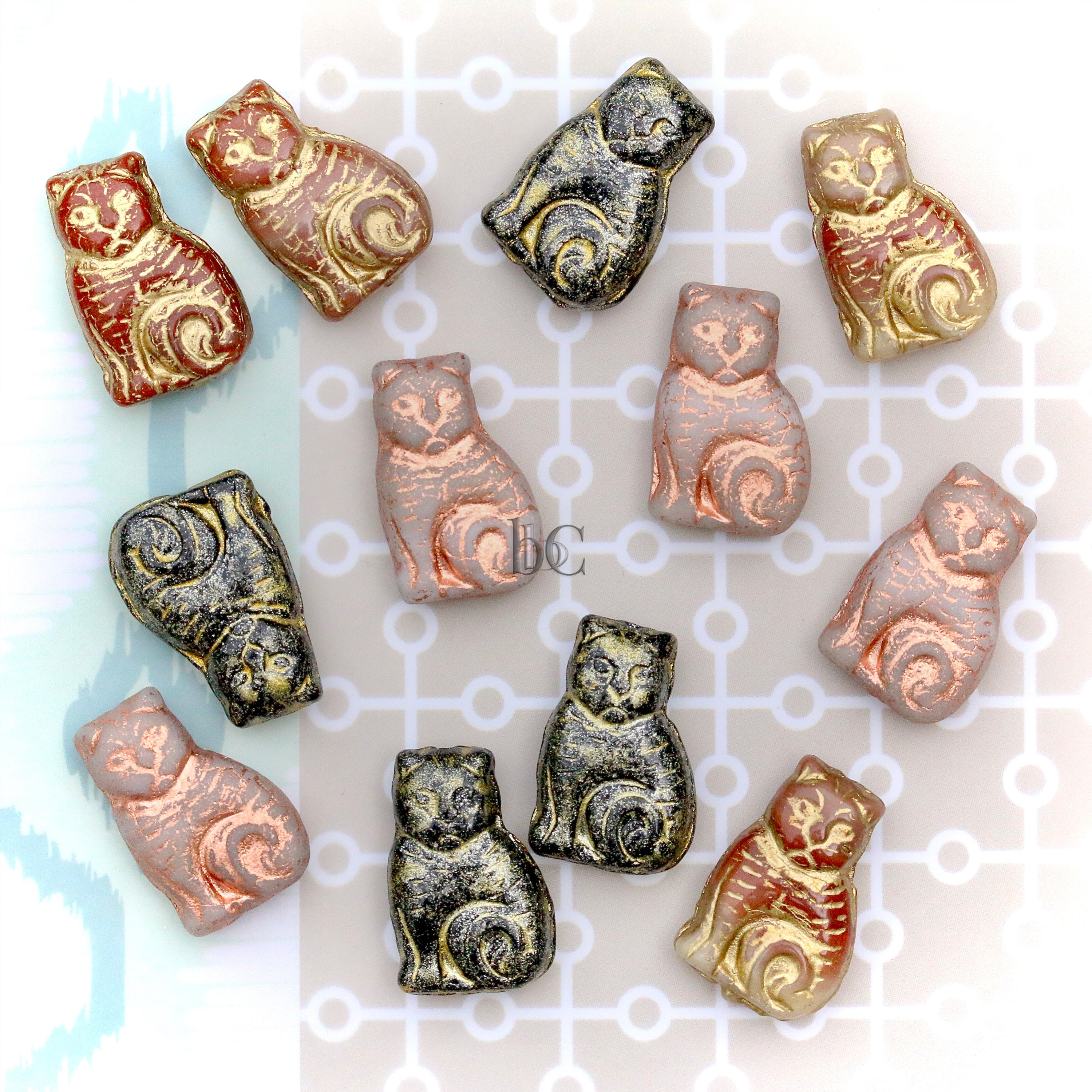 4pcs CAT Beads * Czech Glass Pressed Bead - CHOOSE FINISH - 17x11mm Kitty Cat Beads