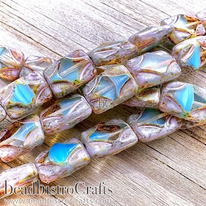 8pcs Table Cut Czech Glass beads - 12x8mm Diamond Rectangle Flat Bead - Semi-Transparent Blue Silk / Clear with TRAVERTINE Modeled Mauve