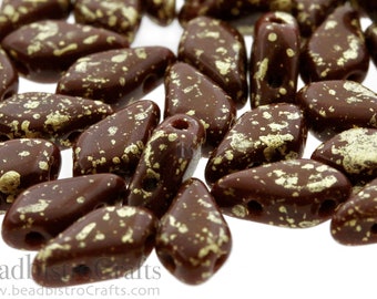 50pcs Czech KITE beads 2-hole beads - Dark Chocolate GOLD SPLASH - 9x5mm - Kite shaped beads