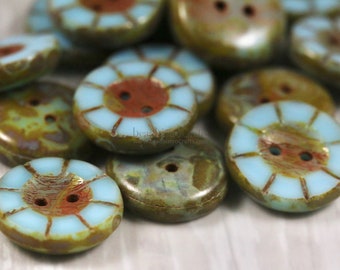 8 Table Cut Buttons - 14mm Czech glass button - wheel pattern - Opaque Turquoise Blue TRAVERTINE - 5x14mm - disk shaped