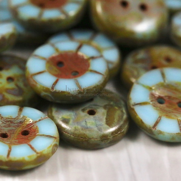 8 Table Cut Buttons - 14mm Czech glass button - wheel pattern - Opaque Turquoise Blue TRAVERTINE - 5x14mm - disk shaped