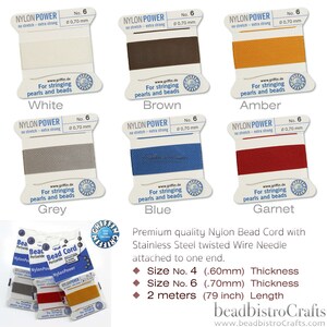 May include: Nylon bead cord in six colors: white, brown, amber, grey, blue, and garnet. Each spool is labeled "Nylon Power" and has a size of 0.70 mm. The cord is for stringing pearls and beads. The image also shows a close-up of the cord and a needle.