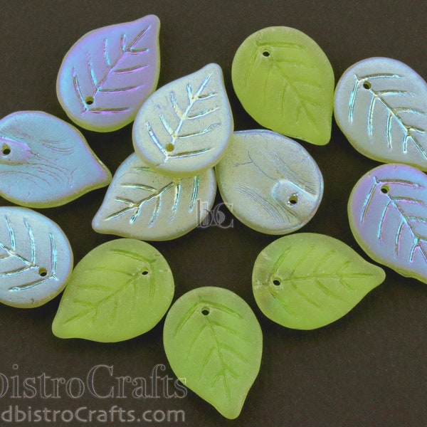 12pcs Leaf beads - Pressed Czech glass Apple Leaves - FROSTED Peridot AB ** 18x13mm