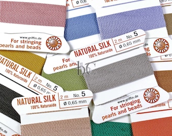 No. 5 SILK CORD - Perlseide Griffin Natural Silk Bead Cord with Stainless Steel Twisted wire needle - 2 meter length packs * Made in Germany