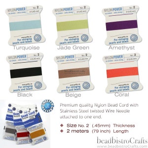 May include: Assortment of nylon bead cord spools in various colors, including turquoise, jade green, amethyst, black, beige, and coral. Each spool is labeled "Nylon Power" and features a size of 0.45 mm and a length of 2 meters (79 inches).
