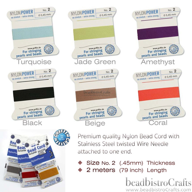 May include: Assortment of nylon bead cord spools in various colors, including turquoise, jade green, amethyst, black, beige, and coral. Each spool is labeled "Nylon Power" and features a size of 0.45 mm and a length of 2 meters (79 inches).