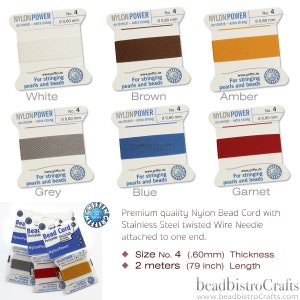 May include: Assortment of nylon bead cord spools in various colors, including white, brown, amber, grey, blue, and garnet. Each spool is labeled "Nylon Power" and features a size of 4 (0.60 mm) and a length of 2 meters (79 inches).