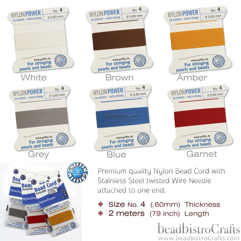 May include: Assortment of nylon bead cord spools in various colors, including white, brown, amber, grey, blue, and garnet. Each spool is labeled "Nylon Power" and features a size of 4 (0.60 mm) and a length of 2 meters (79 inches).