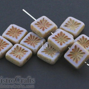 8pcs Table Cut Czech Glass beads 10mm Square Kiwi Design Flat Bead Opaque Light Violet / Mauve PATINA TRAVERTINE image 3