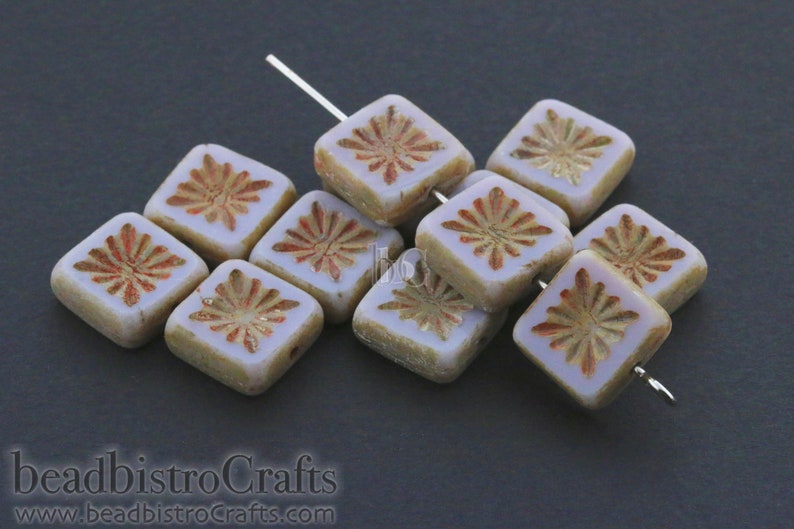 8pcs Table Cut Czech Glass beads 10mm Square Kiwi Design Flat Bead Opaque Light Violet / Mauve PATINA TRAVERTINE image 3