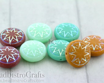 8pcs Czech Star of Ishtar beads MIX - pressed Czech glass puffed coins - Opaque FROSTED AB Mix - 13mm