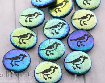 Czech Laser Tattoo beads (2 or 4pcs) ETCHED AB Jet BIRD bead - 17mm flat, coin shaped glass beads