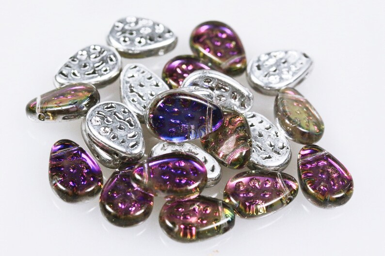 Czech 9x11mm Tear Drops 20pc or 100pc Flat Dimpled Drop Beads CHOOSE your COLOR BACKLIT Glass Rain Drop beads Backlit Heliotrope