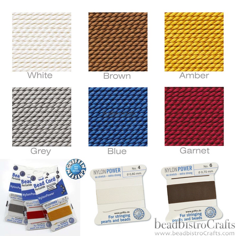 May include: Assortment of nylon bead cord in various colors, including white, brown, amber, grey, blue, and garnet. The cord is wound on spools and labeled "Nylon Power" with the size and color.