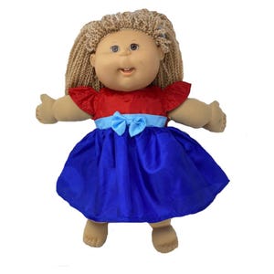 Red Blue Doll Dress 15–16 Inch Baby Dolls, Cabbage Patch Outfit, Satin Bow