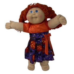 Halloween Doll Dress, Orange Faux Silk, Pumpkin Star Print, Fits 15-16 Inch Dolls