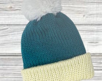 Adult Unisex Handmade Knit Beanie Cap With Removable Pom Double Layer Hat