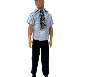 Ken Business Casual Outfit, Blue Pinstripe Shirt Pants Tie Shoes, Fits 12 Inch Fashion Dolls, Barbie’s Friend Ken Clothes Set
