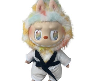 Karate Outfit for 37cm Labubu Doll, Martial Arts Costume, Black Belt Doll Clothes, 14.5 Inch Labubu Outfit, White GI Doll Outfit