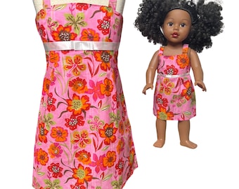 Matching Girl Size 5 and 18 Inch Doll Dress, Pink Red Floral Sundress, Mommy and Me Outfit, American Girl Dress, Doll Clothes Set
