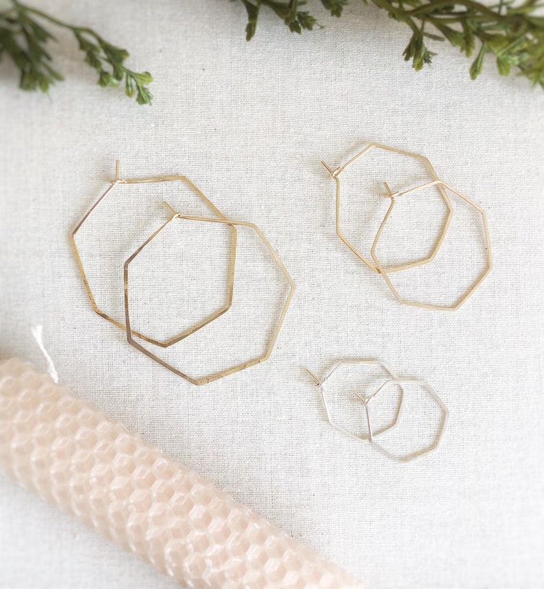 HONEY HOOPS, Hexagon Earrings, Hexagon Hoops, Sterling Silver Earrings, 14K Gold Filled Hoop Earrings, Silver Hoop, Gold Hoop., Hammered Hoo image 5