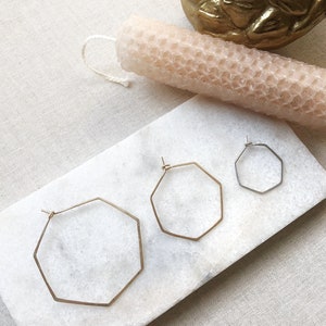 HONEY HOOPS, Hexagon Earrings, Hexagon Hoops, Sterling Silver Earrings, 14K Gold Filled Hoop Earrings, Silver Hoop, Gold Hoop., Hammered Hoo image 3