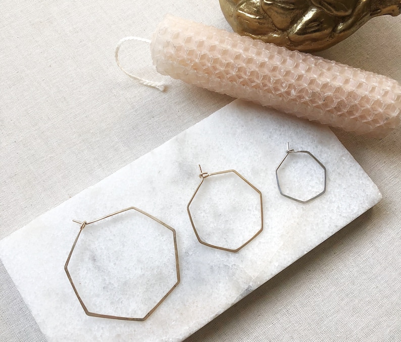 HONEY HOOPS, Hexagon Earrings, Hexagon Hoops, Sterling Silver Earrings, 14K Gold Filled Hoop Earrings, Silver Hoop, Gold Hoop., Hammered Hoo image 3