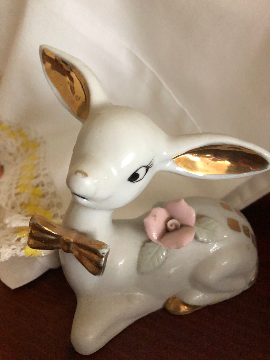 White deer figurine gold accents pink flowers set of 3 | Etsy