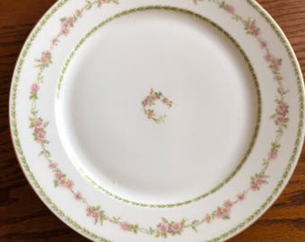 May include: A white porcelain dinner plate with a delicate floral design. The plate features a green and pink floral border with a smaller floral design in the center.