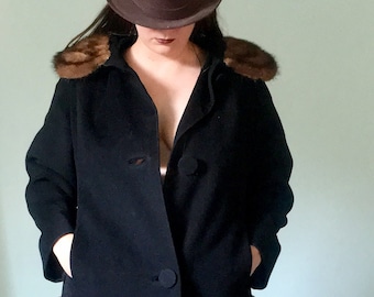 Black Wool Coat with Fur Collar