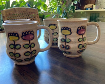 Japanese Stoneware Floral Mugs Set of 4
