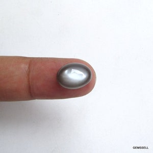 May include: A silver oval cabochon gemstone with a light gray iridescent sheen.